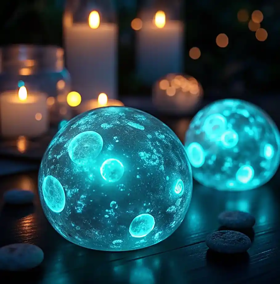 DIY Glowing Moon Rocks 2 DIY glowing moon rocks glowing blue with crater textures, surrounded by candles in a dark ambient setting