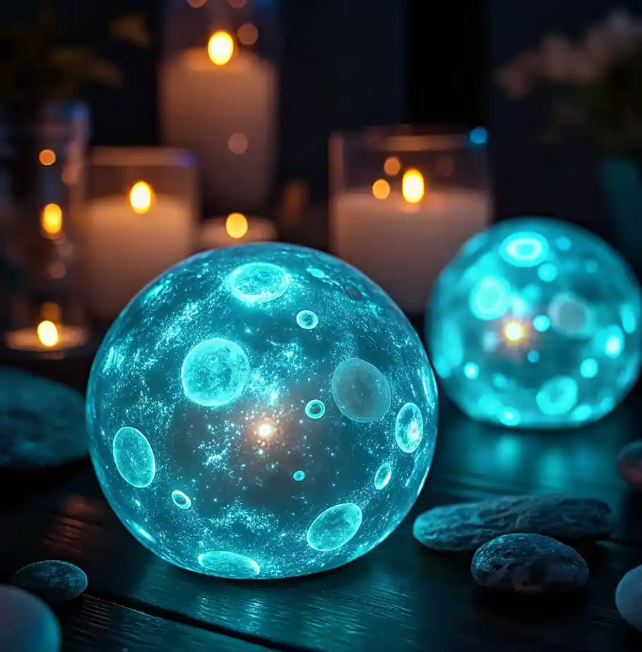 DIY Glowing Moon Rocks 3 Glowing DIY moon rock ball with crater texture glowing blue in a dark room surrounded by candles and stones