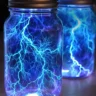 Two glass jars with glowing blue lightning-like patterns inside, emitting a bright electrified light effect in the dark.