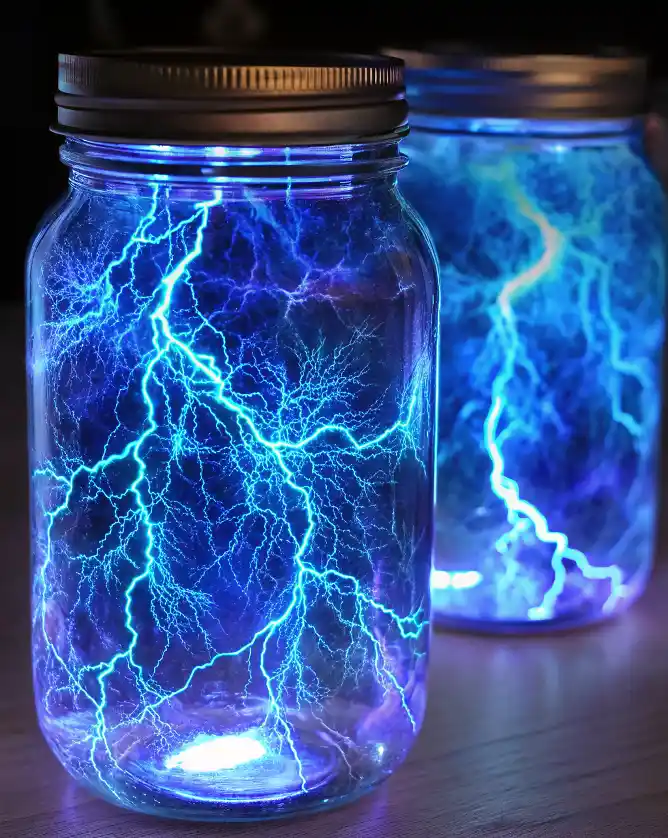 Electrified Thunder Glow Jars: A Rainy Day Craft That Sparked a Smile 2 Two glass jars with glowing blue lightning-like patterns inside, emitting a bright electrified light effect in the dark.