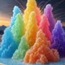 Colorful rainbow sugar crystal towers arranged on a plate, resembling fireworks at sunset.