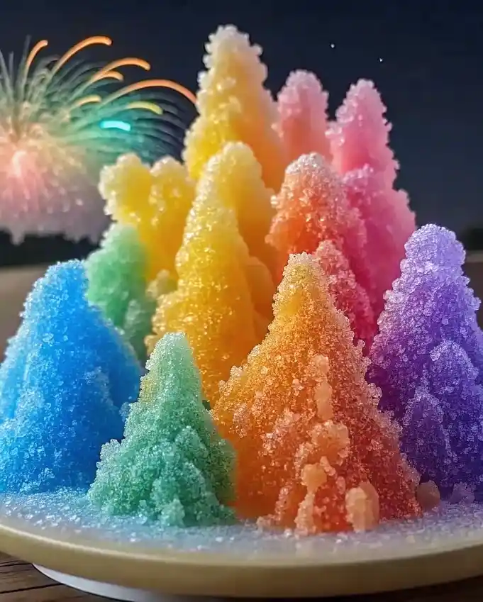 Fireworks Rainbow Sugar Explosion: Where Kitchen Magic Meets Colorful Science 2 Colorful rainbow sugar crystal towers on a plate with fireworks lighting up the night sky in the background.