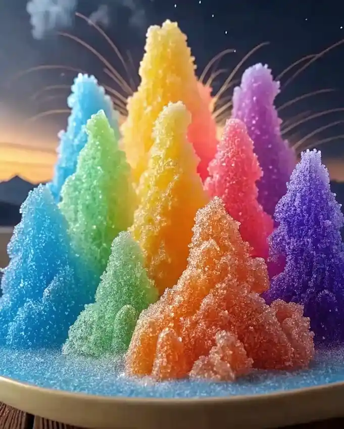 Fireworks Rainbow Sugar Explosion: Where Kitchen Magic Meets Colorful Science 3 Colorful rainbow sugar crystal towers arranged on a plate, resembling fireworks at sunset.