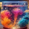 Colorful Fireworks in a Cup experiment with vivid bursts of pink, yellow, and blue dye diffusing in clear water.
