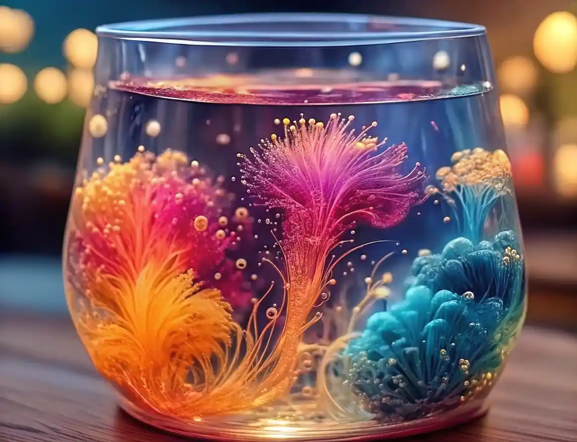 Colorful Fireworks in a Cup experiment with vivid bursts of pink, yellow, and blue dye diffusing in clear water.