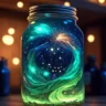Glowing mason jar craft showing GLOW-IN-THE-DARK Fireworks in a Jar with swirling green and blue light, stars, and firework effects inside.