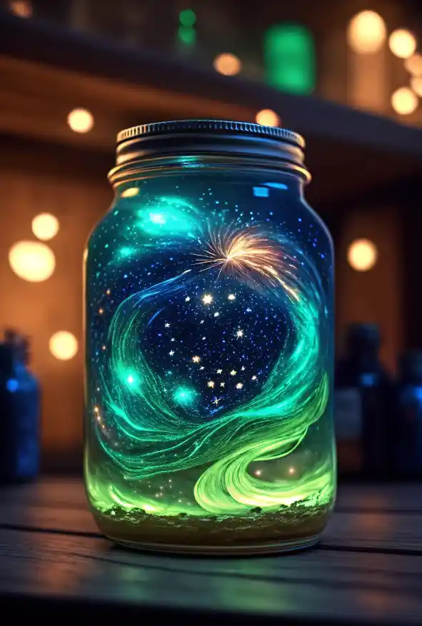 Glowing mason jar craft showing GLOW-IN-THE-DARK Fireworks in a Jar with swirling green and blue light, stars, and firework effects inside.