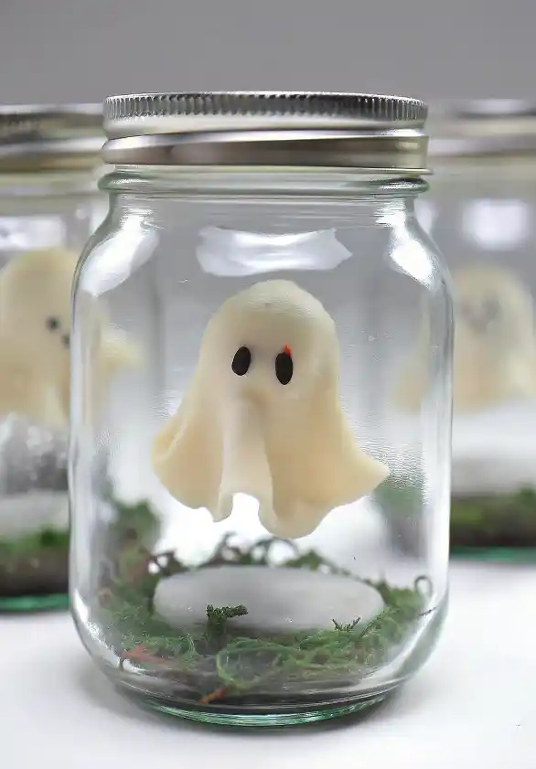Ghost in a Jar: A Cozy Halloween Craft with Heart 2 Handmade white clay ghost suspended inside a mason jar above a mossy base, Halloween craft decoration.