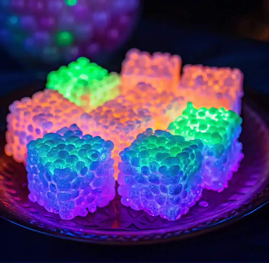 Neon-colored Glow in the Dark Rice Krispies Treats glowing under UV light in shades of green, purple, orange, and blue.