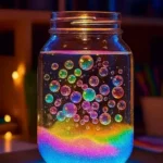 Colorful glowing bubble lamp in a mason jar with rainbow bubbles and glitter, glowing in the dark.