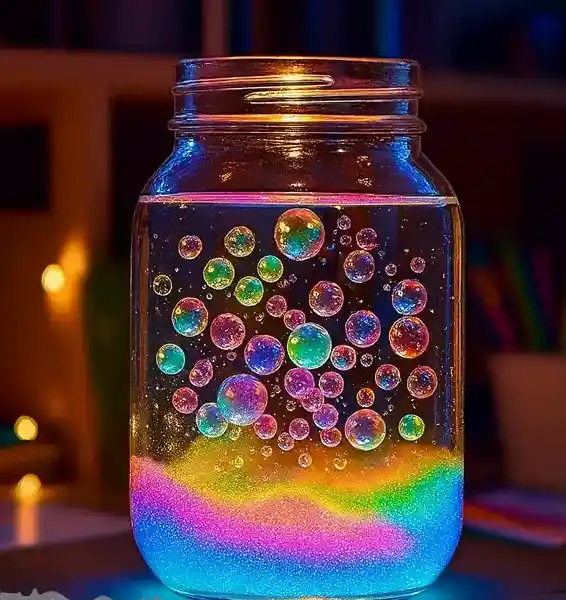 Colorful glowing bubble lamp in a mason jar with rainbow bubbles and glitter, glowing in the dark.