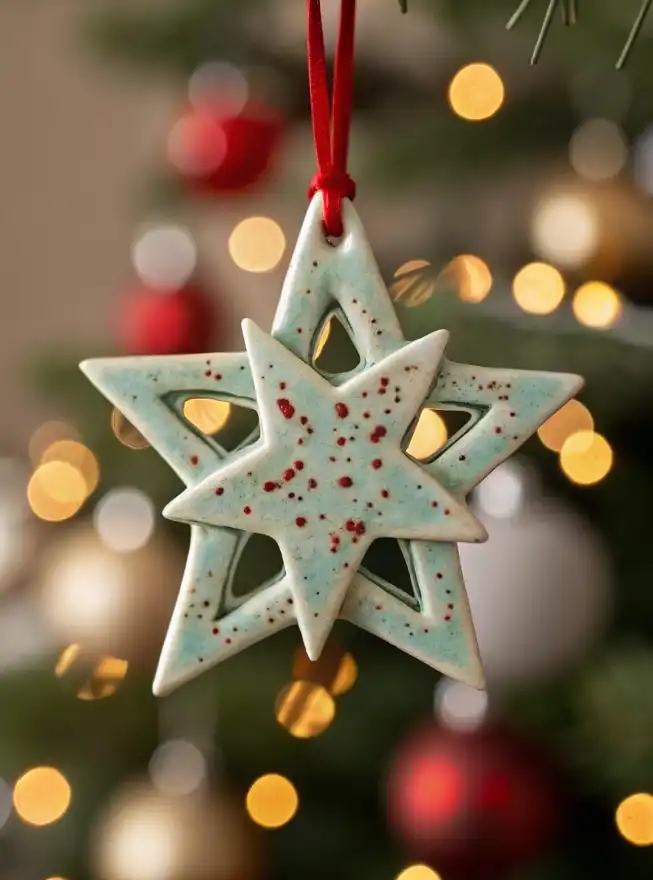 Handmade Double Star Ceramic Christmas Ornament with red speckles hanging on a Christmas tree with warm holiday lights.