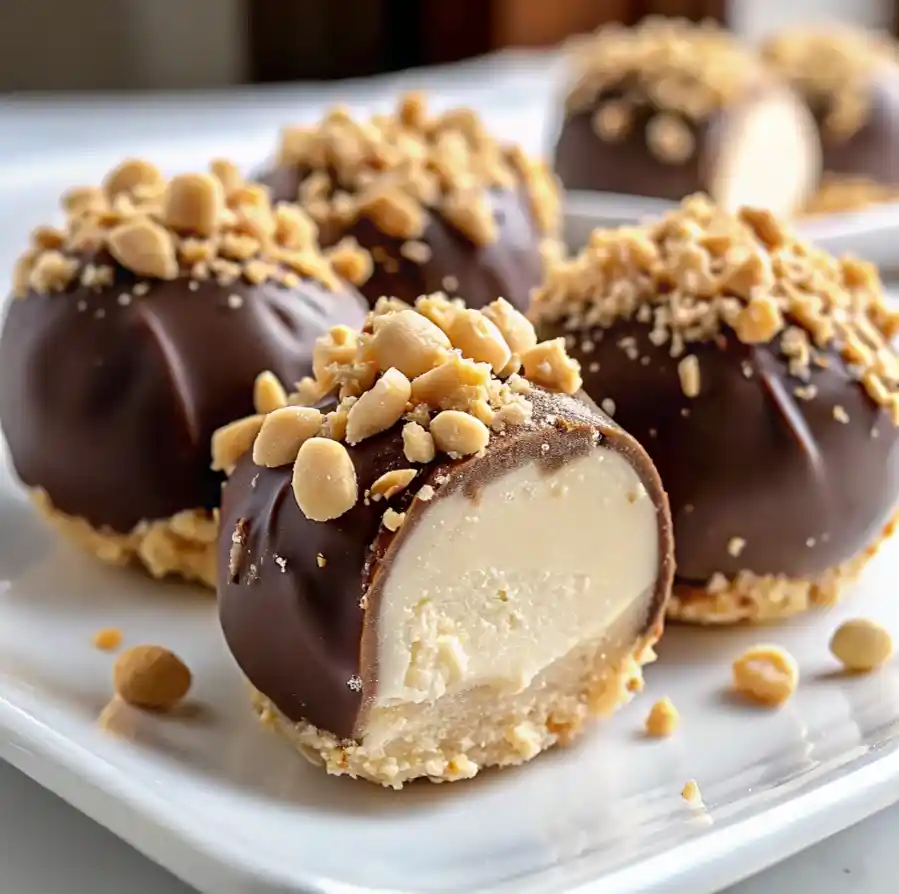 No-Bake Peanut Butter Cheesecake Balls: A Budget-Friendly Indulgence You’ll Crave 2 Creamy no-bake peanut butter cheesecake balls coated in chocolate and topped with chopped peanuts on a white plate.