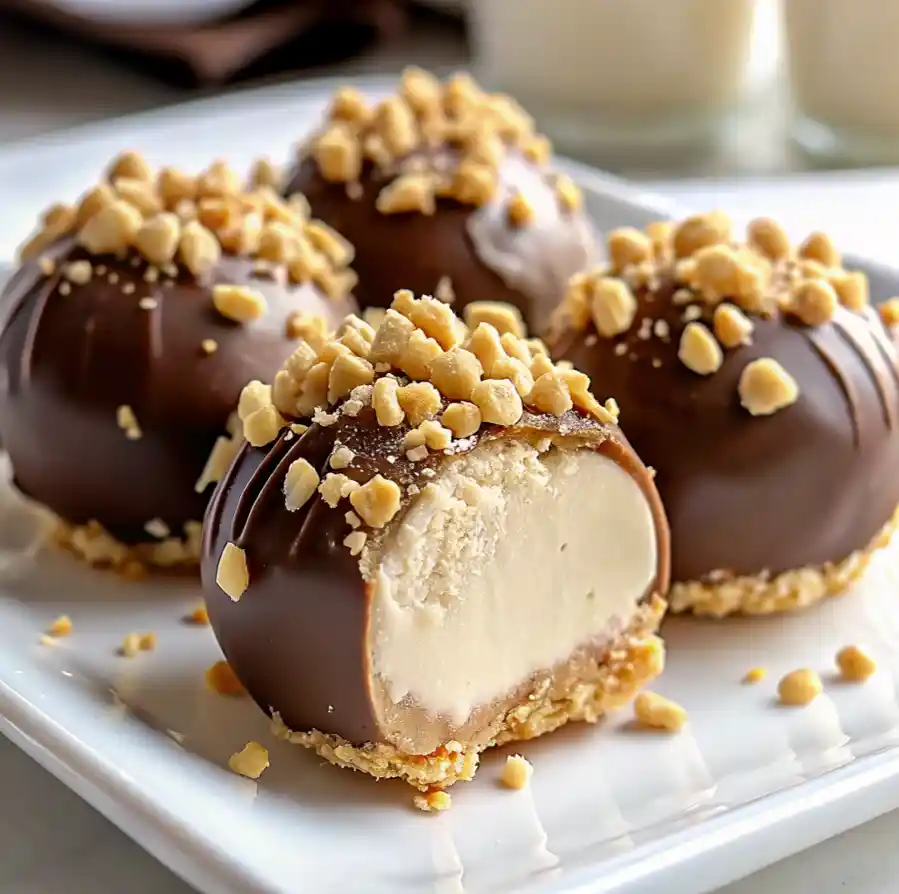 Close-up of no-bake peanut butter cheesecake balls coated in chocolate and topped with crushed peanuts, served on a white plate.