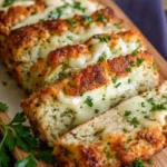 Sliced Parmesan Chicken Meatloaf with melted mozzarella center, golden crust, and parsley garnish on a wooden serving board.