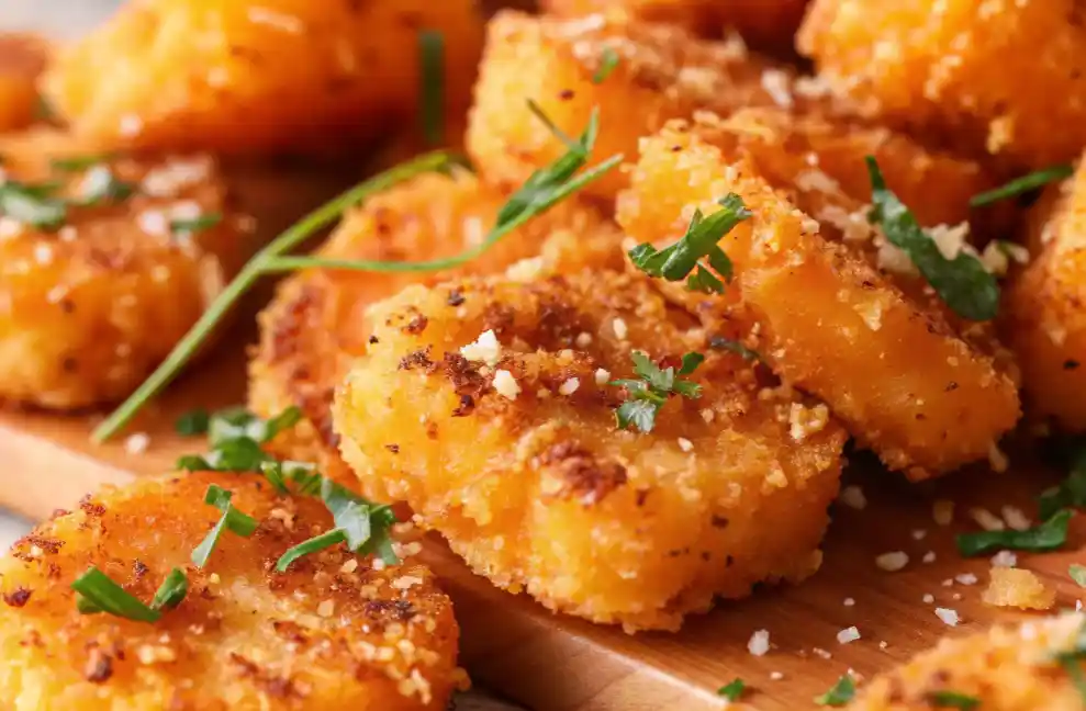 Smashed Carrots: A Crispy Twist on a Humble Veggie 2 Close-up of crispy smashed carrots topped with herbs and Parmesan crumbs on a wooden board.