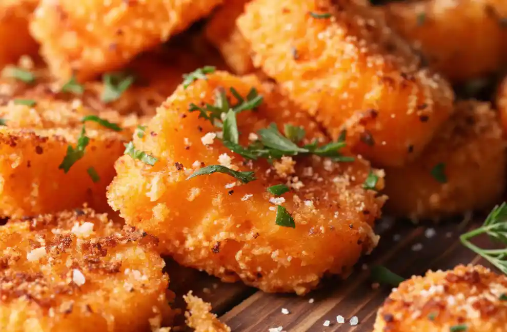 Golden crispy smashed carrots garnished with fresh parsley and sprinkled with Parmesan on a wooden serving board.