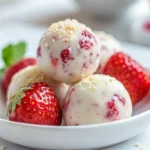 Strawberry Cheesecake Protein Balls on a white plate with fresh strawberries.