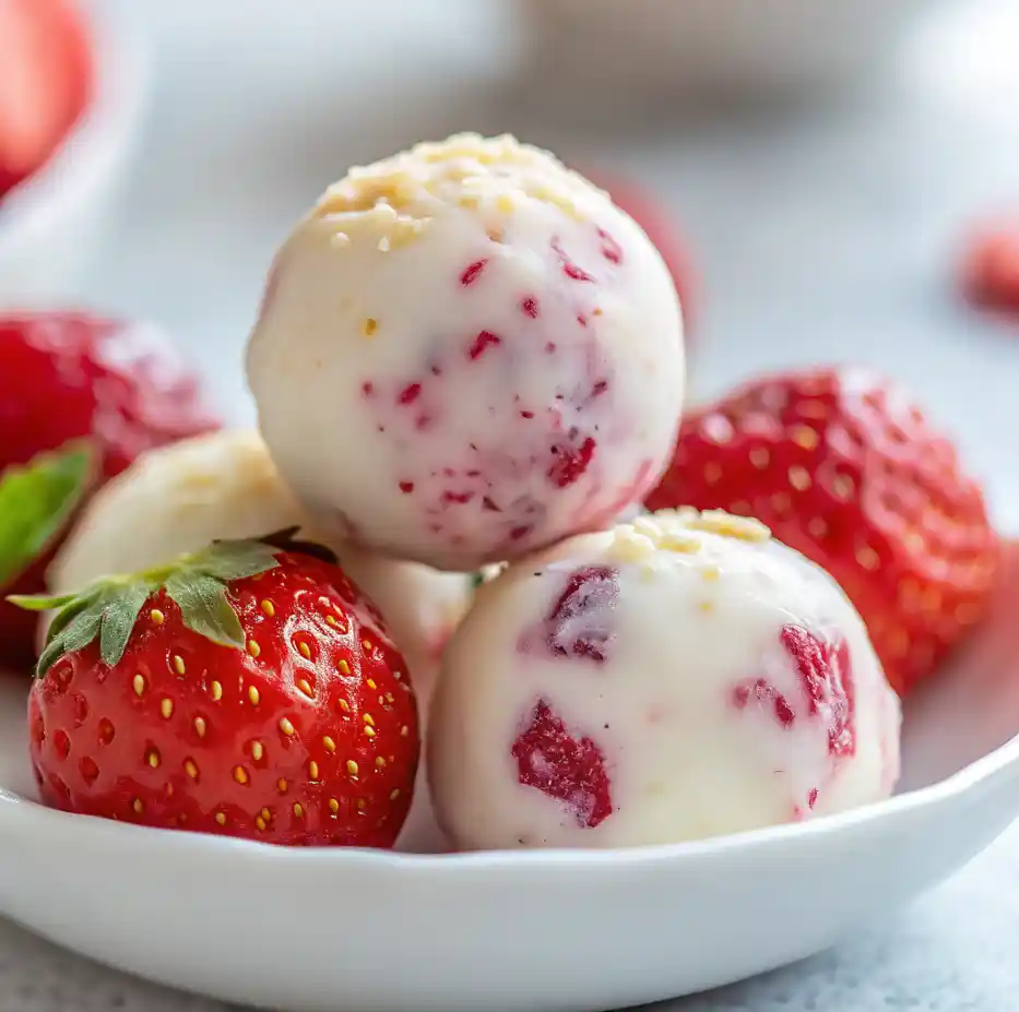 Strawberry Cheesecake Protein Balls 2 Close-up of Strawberry Cheesecake Protein Balls with fresh strawberries on a white plate.