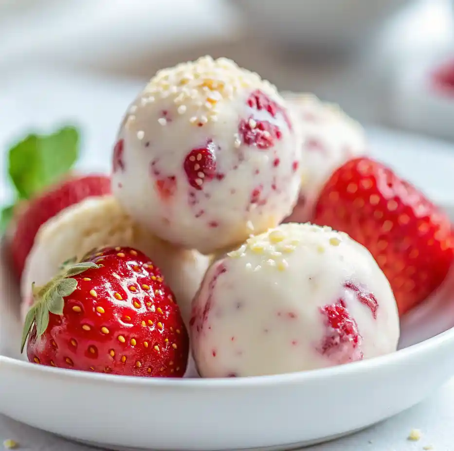 Strawberry Cheesecake Protein Balls on a white plate with fresh strawberries.