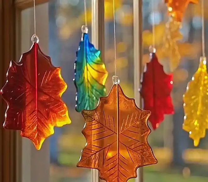 Wax Paper Sun Catchers: A Simple Craft That Shines With Love 2 Translucent leaf-shaped wax paper sun catchers in autumn colors hanging in a sunny window.