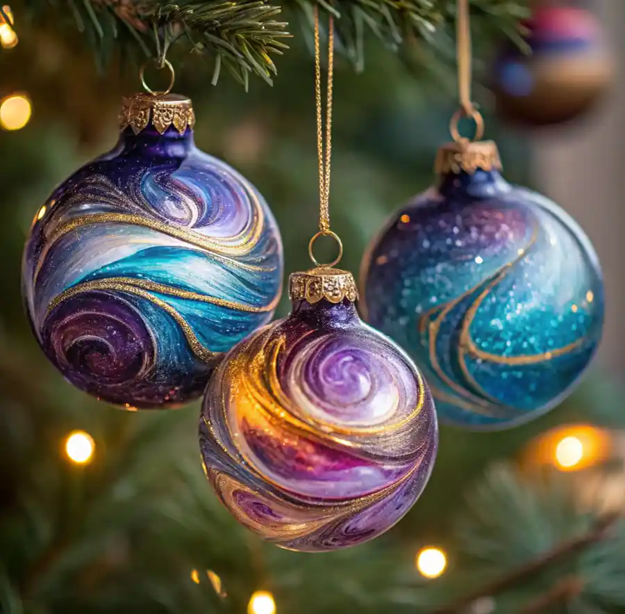 Cosmic Swirl Glass Ornaments: A Magical DIY Holiday Decor Idea 2 Cosmic swirl glass ornaments with purple, blue, and gold galaxy patterns hanging on a Christmas tree with glowing holiday lights.