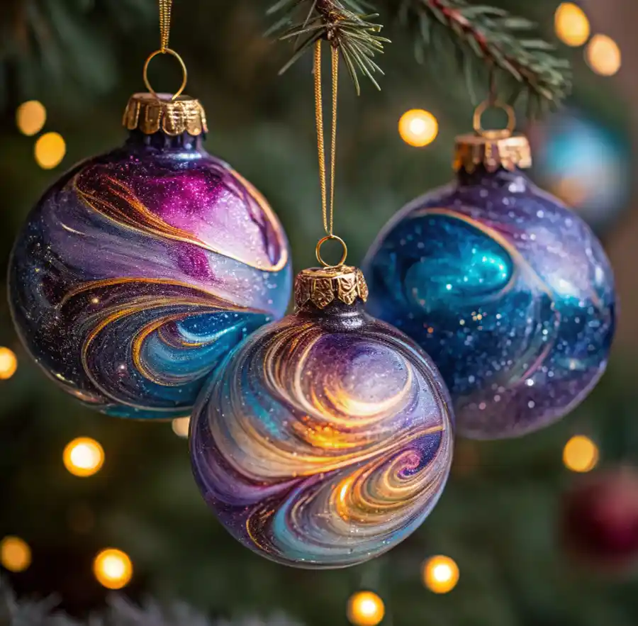 Cosmic Swirl Glass Ornaments: A Magical DIY Holiday Decor Idea 3 Handmade cosmic swirl glass ornaments with galaxy-inspired blue, purple, and gold paint hanging on a Christmas tree with warm lights.