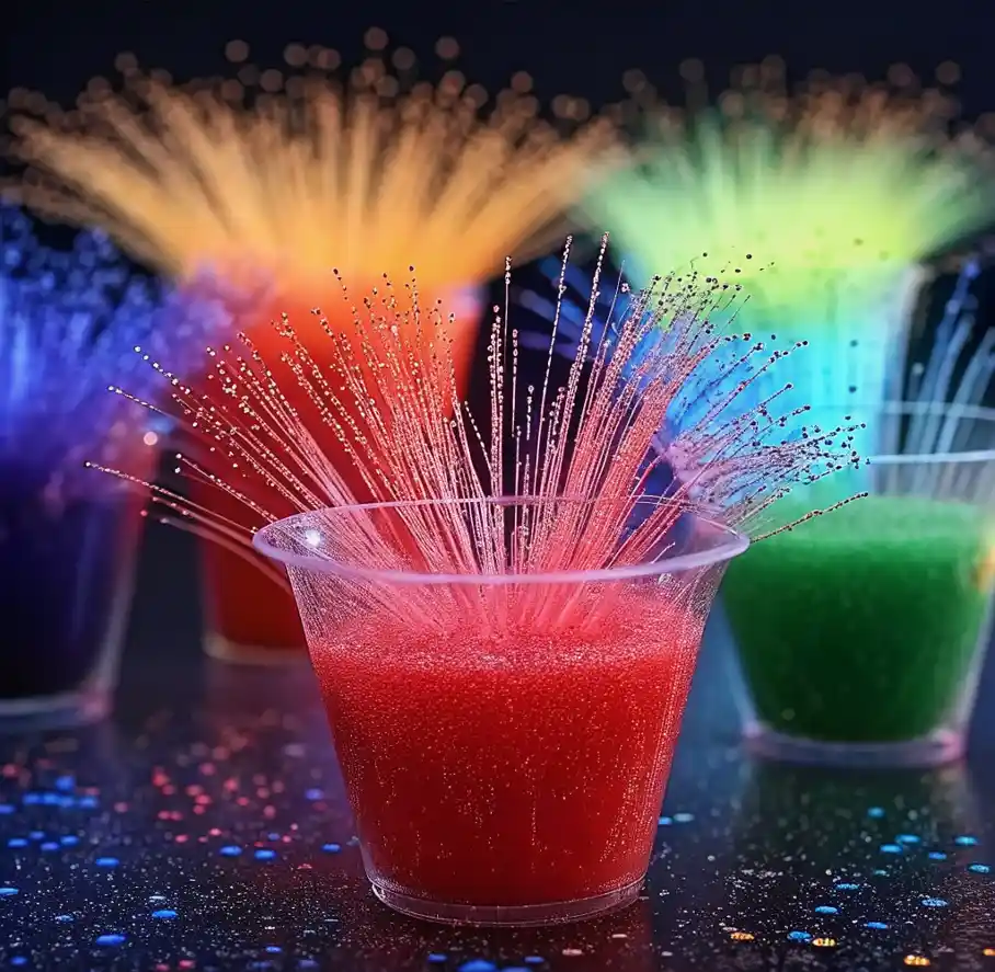 Sugar and Vinegar Fireworks: A Kitchen Science Spark of Joy 2 Colorful sugar and vinegar fireworks experiment fizzing in clear cups with red, blue, green, and yellow bubbles bursting upward like fireworks.