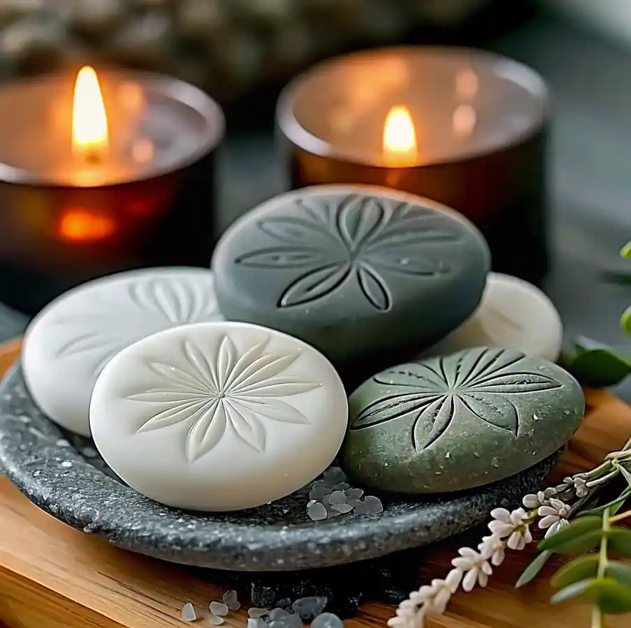 DIY Aroma Stones: A Natural Way to Scent Your Space — Savory Splash 2 DIY aroma stones with embossed floral designs arranged on a stone tray beside lit candles for a natural home fragrance display.