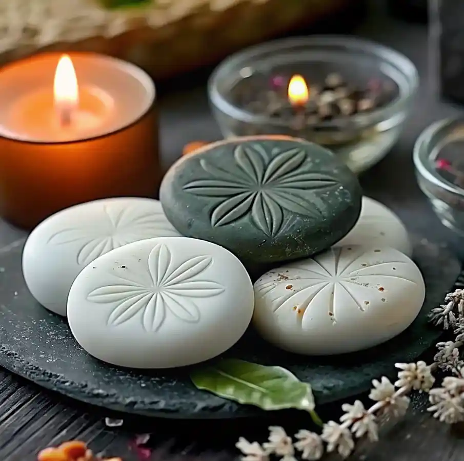 DIY Aroma Stones: A Natural Way to Scent Your Space — Savory Splash 3 Handmade DIY aroma stones with floral patterns displayed beside lit candles and dried botanicals for natural home fragrance.