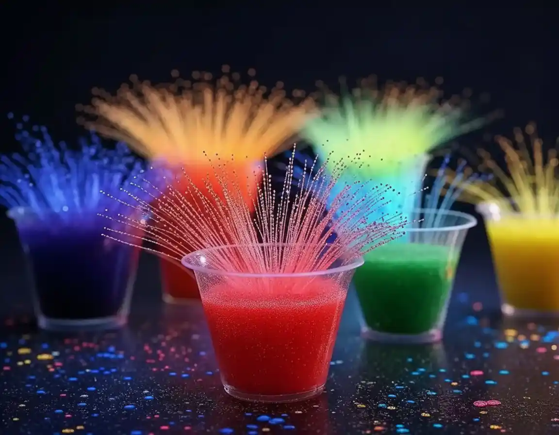 Colorful vinegar fireworks science experiment with fizzy bubbling reactions in cups.