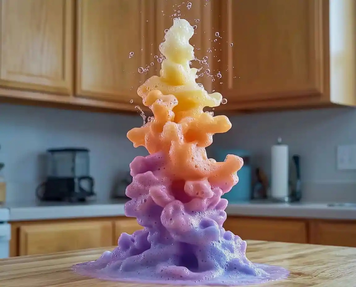 Soap-Foam Explosion Volcano: A Colorful Science Adventure Kids Will Love 2 Colorful Soap-Foam Explosion Volcano erupting with fluffy rainbow foam during a fun STEM science experiment for kids.